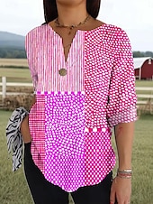 abordables Tops à Rayures et Géométriques pour Femmes-Femmes Chemise Fleuri Graphique Géométrique ancien Tropical Hawaïen Manche 3/4 Col ras du cou Hauts Réguliers Quotidien Fête Tenue de plage Imprimé Rose Claire Orange Kaki Été Printemps