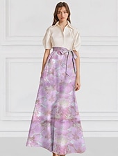 economico FLORALI-Abito da sera elegante A-Line in broccato jacquard floreale con colletto a camicia e tasca in nylon con tasca