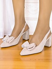 cheap Block Heels-Women&#039;s Blush Pink Suede Slingback Heels - Pointed Toe Pumps with Bow Accent and Block Heel for Casual Dates and Everyday Elegance