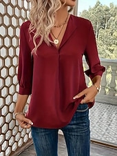 abordables Blusas Sencillas-Mujer Blusa Color sólido Elegante Básico Casual Manga 3/4 Cuello Camisero Tops regulares Oficina Trabajo Negro Vino Verde Trébol Verano Primavera Otoño