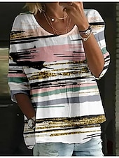 voordelige Vrouwen&#039;s Kunst &amp; Design Tops-Dames Blouse Gestreept Stijlvol 3/4 mouw Strakke ronde hals Normale tops Dagelijks Feestdagen Afdrukken Zwart Blozend Roze blauw Fuchsia Donkergrijs Zomer