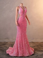 cheap Evening Dresses-Mermaid / Trumpet Evening Gown Elegant Dress Formal Prom Court Train Sleeveless V Neck Sequined with Sequin