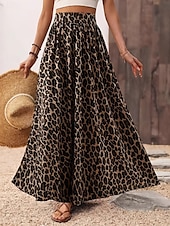 billiga Grafiska kjolar-Dam Kjol A-linje Mode Ledigt Maxi Hög midja Kjolar Leopard Mönster Microelastisk Gata Dagligen Leopard Sommar Polyester