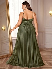 baratos VERDE-Vestidos A-Line Plus Size Vestido Elegante Curvas Formal Casamento Comprimento Total Sem Mangas Decote em V Cetim Costas Descidas com Pregas