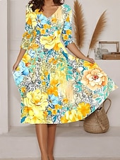 abordables Robes fleuries-Femmes Robe Midi Robe trapèze Vacances Occasionnel Sortir Coupe régulière Fleuri Graphique manche longue Col en V Jaune Rouge Vert Beige Été