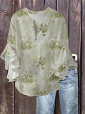 billige Blomstrete topper-Dame Bluse Blomstret Stilfull Moderne 3/4 ermer V-hals Vanlige topper Daglig Ferie Drapering Trykt mønster Lysegrønn Blå Grønn Grå Lyseblå Sommer