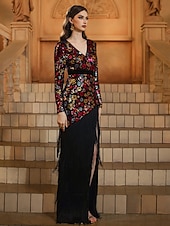 preiswerte SCHWARZ-Meerjungfrau  Trompeten Partykleider Elegantes Kleid Formelle Hochzeit Bodenlang Langarm V-Ausschnitt Pailletten mit Quasten Schlitz