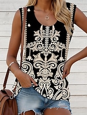 billige Boho tank topp-Dame Camisole Tank Top Grafisk Geometrisk Bohem Årgang Daglig Ermeløs Crew-hals Vanlige topper Daglig Trykt mønster Svart Hvit Rød Blå Kakifarget Sommer Vår