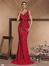 abordables ROJO-Vestidos de quinceañera de sirena/trumpet vestido elegante boda invitada de boda larga sin mangas con cuello de pico poliéster sin espalda con lentejuelas