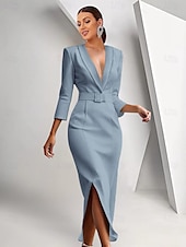 preiswerte Bodenlänge-Blazer-Kleid Meerjungfrau  Trompete Brautmutter Kleid Krepp Smoking Kleid Elegantes Hochgeschnittenes Schalkragen Bodenlang 3/4 Ärmeln mit Gürtel Farbblock Einfarbig 2025