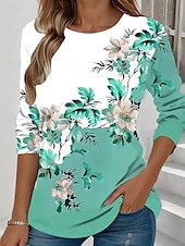 abordables T-shirt floral-Femmes T-shirt Fleuri Graphique Plantes ancien Élégant Classique manche longue Col ras du cou Col rond Hauts Réguliers Quotidien Week-end Imprimé Jaune Vert Claire Bleu Bleu Ciel Violet Été
