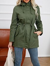 abordables Manteaux &amp; trenchs-Femmes Trench Chaud Confortable Fermeture éclair Avec Poches Mode Extérieur Uni Sortir Week-end Fermeture éclair Régulier À capuche Coupe régulière manche longue Vêtements d&#039;extérieur Noir Blanche