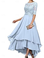 abordables Longueur du thé-Ligne A Robe de Mère de Mariée  Élégant Simple Col Bateau Asymétrique Polyester Demi Manches avec Couleur Unie 2025