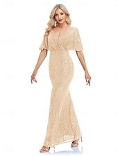 economico BLU-Abiti da festa per quindici anni sirena  tromba abito elegante formale da matrimonio lunghezza a terra maniche corte scollatura a V poliestere con glitter