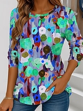 Maglietta da donna a manica lunga con scollo a girocollo tunica grafica floreale vintage elegante casual tops regolari stampa weekend rossa blu viola verde estate economico Maglietta Arte & Design-Maglietta da donna a manica lunga con scollo a girocollo tunica grafica floreale vintage elegante casual tops regolari stampa weekend rossa blu viola verde estate