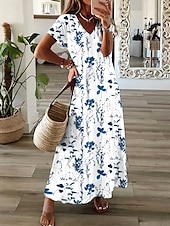 abordables Robes fleuries-Femmes Robe maxi Robe Décontractée Robe d&#039;Été Robe trapèze Élégant Vacances Occasionnel Fête Plage Coupe régulière Fleuri Graphique Manche Courte Col en V Blanche bleu marine Été Printemps