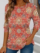 billige Boho t-skjorte-Dame T skjorte Grafisk Geometri Stilfull Fritid Langermet Crew-hals Vanlige topper Daglig Helg Trykt mønster Gul Blå Fuksia Oransje Sommer