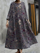 preiswerte Blumenkleid-Damen Midikleid Sommerkleid A Linie Kleid Urlaub Lässig Strand Ferien Lässiger Schnitt Blumen Grafik Langarm Rundhalsausschnitt U-Boot-Ausschnitt Marineblau Khaki Dunkelgray Sommer Frühling Herbst