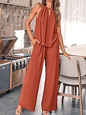 abordables Ensembles-Femmes Élégant Mode Streetwear Ensembles en coton et lin Sans manches Col Halter Couleur Unie Extérieur Travail Occasionnel Noir Vin Vert Véronèse Été Coupe régulière