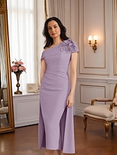 abordables Longueur du thé-Robe fourreau  colonne robe mère de la mariée robe formelle élégante vintage épaule unique longueur thé tissu extensible manches courtes avec appliques plissées robe de derby robe de jour de course