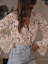 billiga Spets toppar-Dam Spets Splicing Top Ensfärgat Stylish Ledigt Långärmad V-hals Vanliga toppar Dagligen Spets Lappverk Beige Sommar Vår