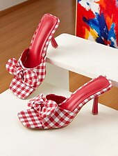 cheap Dress Sandals-Women&#039;s Gingham Bow Heeled Mules - Vintage Open Toe Slip-On Sandals for Casual Dates and Summer Outings