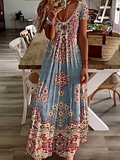 tanie Sukienki boho-Damskie Sukienka maxi Codzienne sukienki Sukienka A line Letnie sukienki Elegancja Urlop Zabytkowe Regularny Kwiaty Graficzny W Tureckie Wzory Krótki rękaw Dekolt w kształcie litery U Jasnozielony