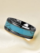 economico Gioielli da uomo-Anello da uomo in acciaio inossidabile con intarsio turchese blu, fascia lucida comfort fit, gioiello in stile western da indossare ogni giorno, matrimoni o regali