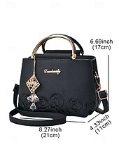 cheap Handbag &amp; Totes-Women&#039;s Embroidered Rose Tote Bag with Gold Top Handle and Shoulder Strap - Elegant Faux Leather Crossbody Bag for Commuter, Leisure and Weekend Outings