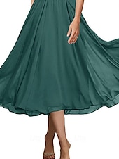billiga Te Längd-A-linjeformad bröllopsfestmammas klänning elegant enkel krage ankellängd chiffon kort ärm med veck solid färg