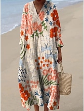 tanie Sukienki kwiatowe-Damskie Sukienka maxi Sukienka letnia Sukienka A line Urlop Codzienny Boho Impreza Wyjściowe Plaża Kwiaty Graficzny Długi rękaw W serek Szarozielony Rumiany róż Fioletowy Ecru Lato Wiosna