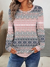 billige Boho t-skjorte-Dame T skjorte Grafisk Geometrisk Stilfull Fritid trendy Langermet Crew-hals Vanlige topper Daglig Helg Trykt mønster Rosa Blå Sommer Høst
