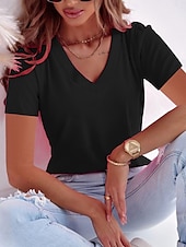 abordables T-shirt uni-Femmes T-shirt Couleur Unie Mode Élégant Classique Manche Courte Col en V Hauts Réguliers Quotidien Week-end Noir Vin Rouge Bleu Fuchsia Été