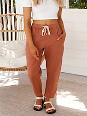 economico Pantaloni a gamba dritta-Per donna Pantaloni in cotone e lino Pantaloni Eleganti Streetwear Casual Lunghezza intera Naturale Semplice Tasca Design con Coulisse Elastica Comodo All&#039;aperto Confortevole Ferie Abbigliamento