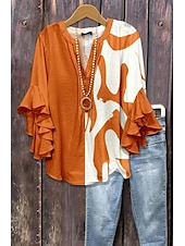 economico Top d&#039;Arte e Design per Donne-Per donna Blusa Floreale Grafico Geometrico Bohemien Vintage Quotidiano Manica 3/4 Manica a Volant Scollo a V Top Regolari Quotidiano Ferie Abbigliamento da vacanza Volant Stampato Nero Rosa Blu