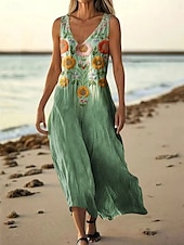 abordables Vestidos Florales Impresos-Mujer vestido largo vestido largo Vestido informal Vestido de Tanque Vestido de verano africano Diario Festivos Playa Ajuste regular Floral Sin Mangas Escote en Pico Blanco Morado Verde Trébol