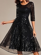 cheap Wedding Guest Dresses-A-Line Wedding Guest Dresses Elegant Dress Wedding Guest Homecoming Knee Length Half Sleeve Crew Neck Sequined with Pleats Sequin