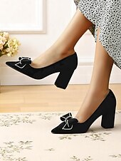 olcso Block Heels-női fekete velúr blokk sarkú, hegyes orrú, strasszos masnival díszített, elegáns és kényelmes alkalmi randevúkra és mindennapi viseletre.