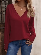 billige Plain t-skjorte-Dame Bluse Helfarge Stilfull Fritid Langermet V-hals Vanlige topper Daglig Knapper Svart Hvit Vin Militærgrønn Navyblå Sommer Vår