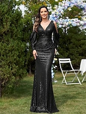 abordables NOIR-Sirène / Trompette Robes de Quinceanera Élégant Robe Formel Mariage Longueur au sol manche longue Col en V Polyester Dos en V avec Paillettes 2025