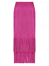 abordables Jupes unies-Femmes Ample Élégant ancien Mode Midi Taille Moyenne Jupes Frange à pompons Froncé Élastique Vacances Quotidien Aqua bleu Noir Vert Claire Rose Claire Été Polyester