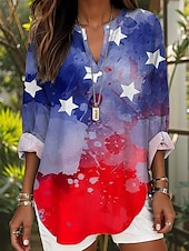 preiswerte Unabhängigkeitstag Top-Unabhängigkeitstag Damen Patriotisches Vierteljuli Bluse Grafik Flagge Stylisch Modern Lässig Langarm V-Ausschnitt Reguläre Oberteile Täglich Feiertagsdruck Schwarz Weinrot Blau Staubiges Blau Sommer
