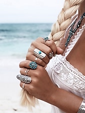 cheap Women&#039;s Rings-Women&#039;s Boho Vintage Turquoise Ring Set – 9-Piece Antique Silver Adjustable Midi Rings for Gypsy Festival, Beachwear and Casual Styling