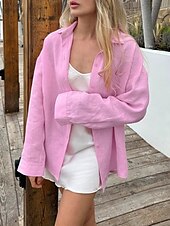 tanie Gładkie bluzki damskie-Damskie Koszula Jednokolorowe Elegancki Codzienny Długi rękaw Kołnierzyk koszuli Zwykłe topy Codzienny Guziki Biały Rumiany róż Niebieski Lato Wiosna