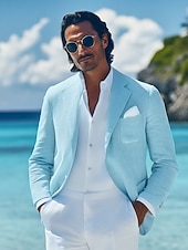  Da uomo Blazer di Lino Giacca Sportiva Casuale Quotidiano Vacanza Primavera & Estate Cotone e Lino Tinta unica Comodo Monopetto due bottoni Giacca Bianco Beige Azzurro chiaro