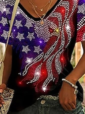 olcso Függetlenség Napja Csúcs-Függetlenség Napja Hazafias Női póló Grafikai Zászló Vintage Stílusú Klasszikus Rövid Ujjú V Nyakú Normál Pólók Napi Nyomtatás Fekete Lila Zöld Nyár Tavasz