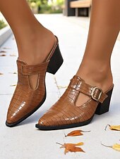 abordables Sabots et mules femme-Mules à talon bloc pour femme en relief croco – chaussures à enfiler avec boucle décorative et design découpé, chaussures de ville élégantes pour le bureau, le travail et le quotidien