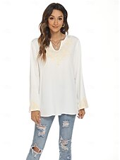preiswerte Damen Einfache Oberteile-Damen Boho-Hemd Einfach Bohemien Lässig Langarm Glockenärmel U-Ausschnitt Normale Oberteile Arbeit Täglich Ausgehen Bestickt Weiß Sommer Frühling Herbst