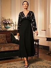 cheap Plain Dress-Women&#039;s Long Dress Sheer Feather Print Sleeves V-neck Black Festive Party Elegant Maxi Winter Fall Clothing Apparel