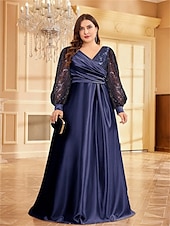 abordables VERT-Robe A-Line Grande Taille Élégante Robe Courbe De Mariage Formelle Longue Au Sol Manches Longues Col en V En Polyester Avec Plis 2025